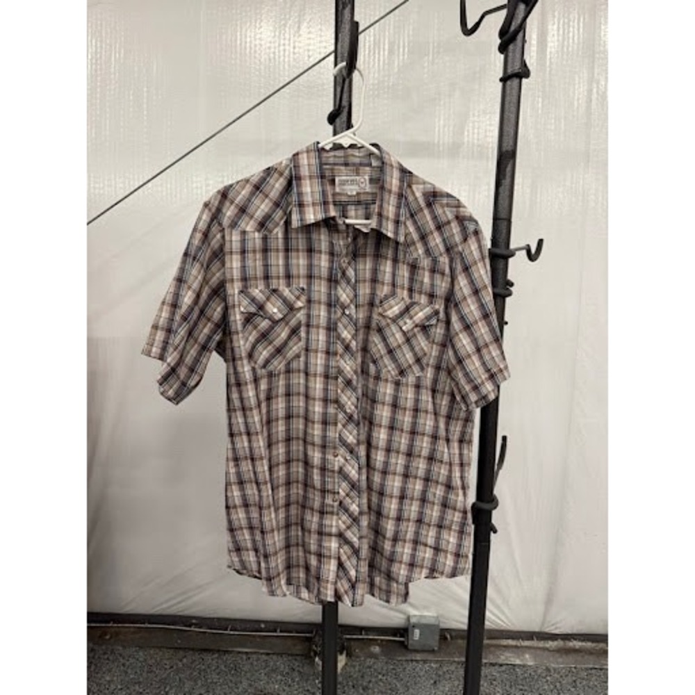 Vintage Sheplers Western Shirt 17.5 Plaid Short Sleeve Pearl Snap Brown Blue XL